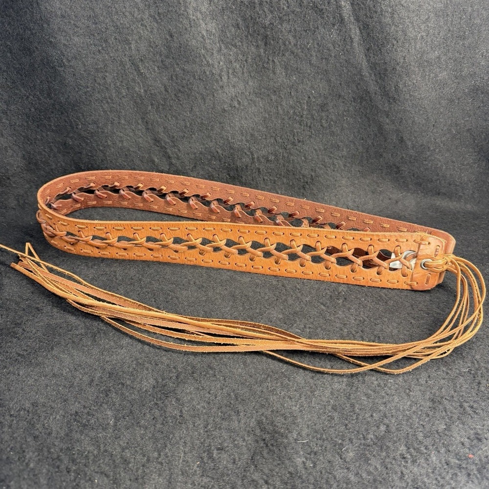 Woven LEATHER Tasseled Wrap Belt Women O/S ONE SIZE Cognac Brown